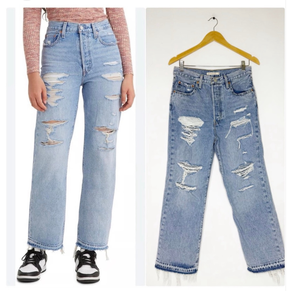 Levi's Ultra High Rise Distressed Ribcage Straight Ankle Jeans Light Wash Sz 28